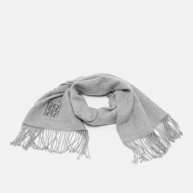 Pre Owned CH Carolina Herrera Grey Logo Embroidery Cashmere Fringed Scarf 