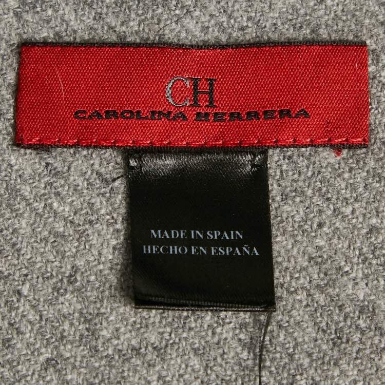 Pre Owned CH Carolina Herrera Grey Logo Embroidery Cashmere Fringed Scarf 