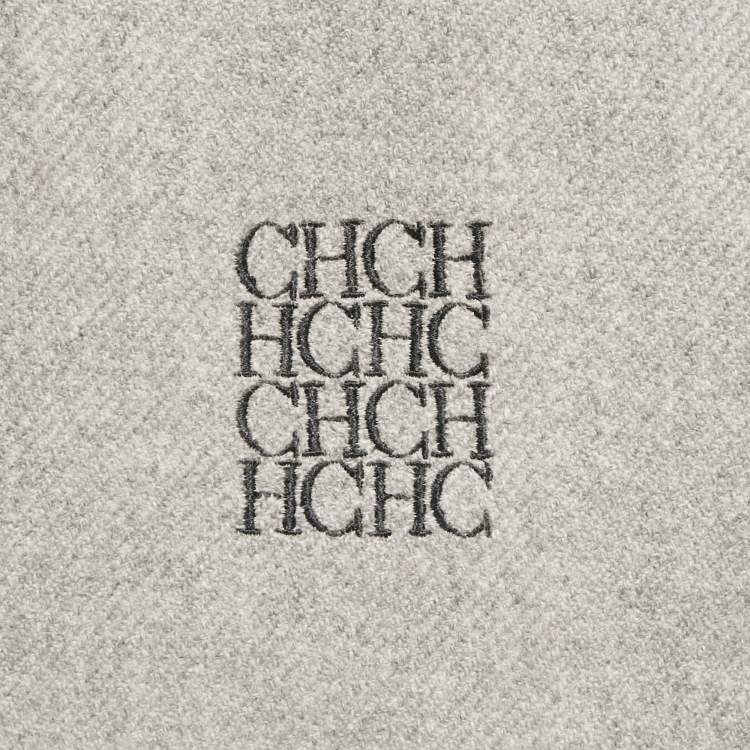 Pre Owned CH Carolina Herrera Grey Logo Embroidery Cashmere Fringed Scarf 
