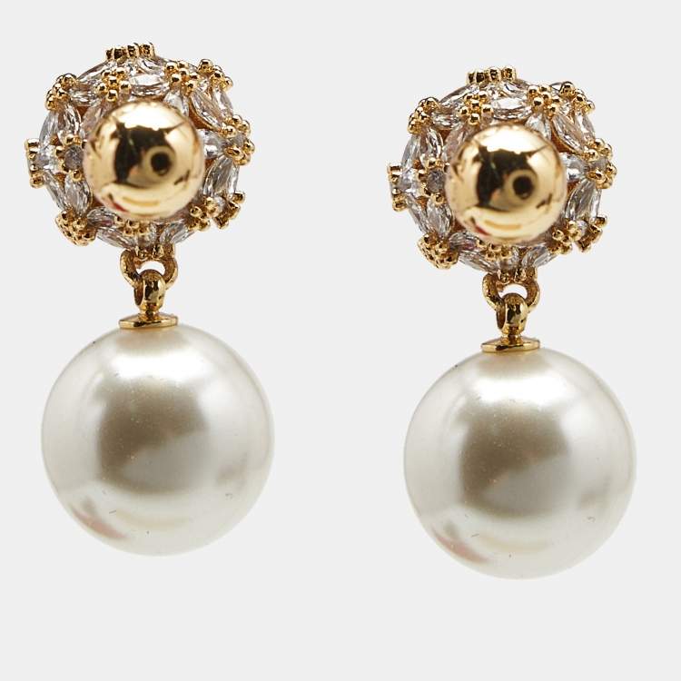 Pre Owned Carolina Herrera CH Crystals Faux Pearl Gold Tone Earrings