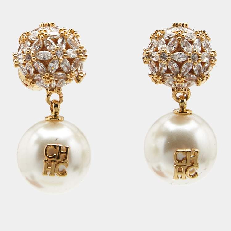 Pre Owned Carolina Herrera CH Crystals Faux Pearl Gold Tone Earrings