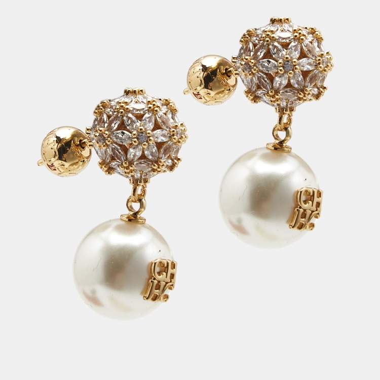 Pre Owned Carolina Herrera CH Crystals Faux Pearl Gold Tone Earrings