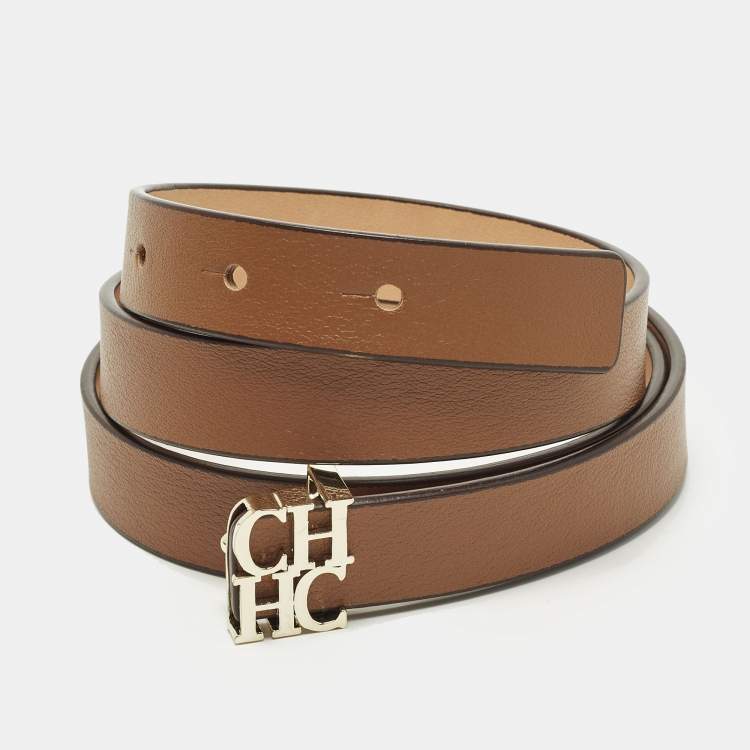 Pre Owned CH Carolina Herrera 85 CM Slim Buckle Belt Brown Leather