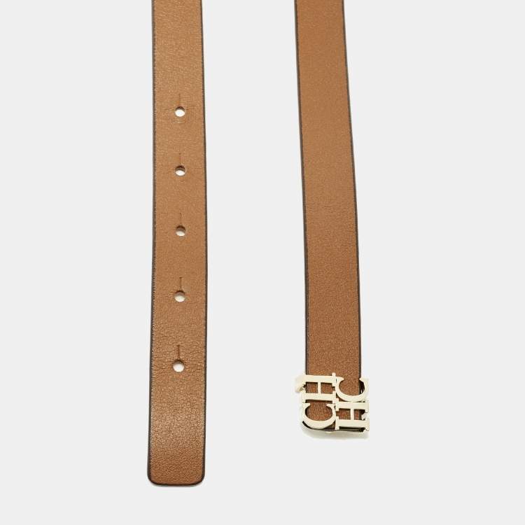 Pre Owned CH Carolina Herrera 85 CM Slim Buckle Belt Brown Leather