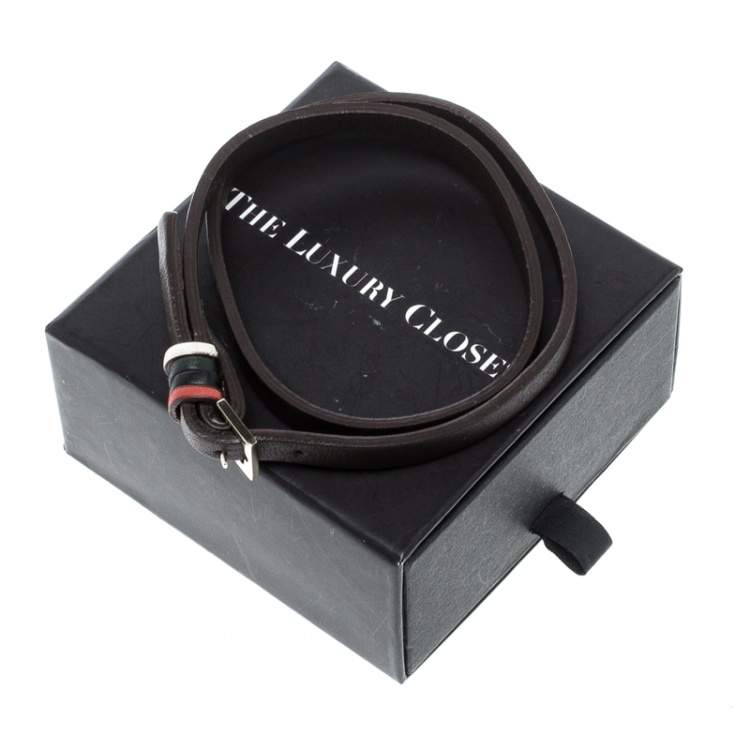 Pre Owned CH Carolina Herrera Brown Leather Gold Tone Wrap Bracelet