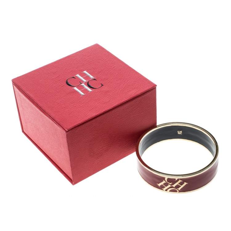Pre Owned CH Carolina Herrera Red Enamel Gold Tone Wide Bangle Bracelet