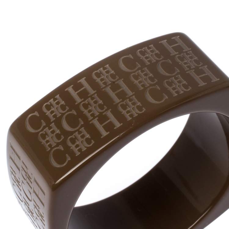 Pre Owned CH Carolina Herrera Textured Brown Extra Wide Bangle Bracelet 
