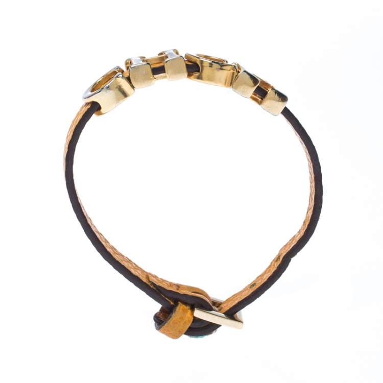 Pre Owned CH Carolina Herrera Yellow Leather Gold Tone Logo Charm Bracelet