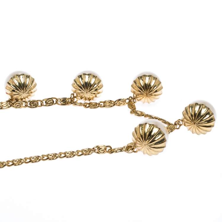 Pre Owned CH Carolina Herrera Faux Pearl Gold Tone Long Chain Link Necklace