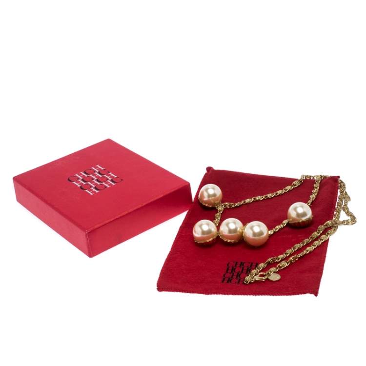 Pre Owned CH Carolina Herrera Faux Pearl Gold Tone Long Chain Link Necklace