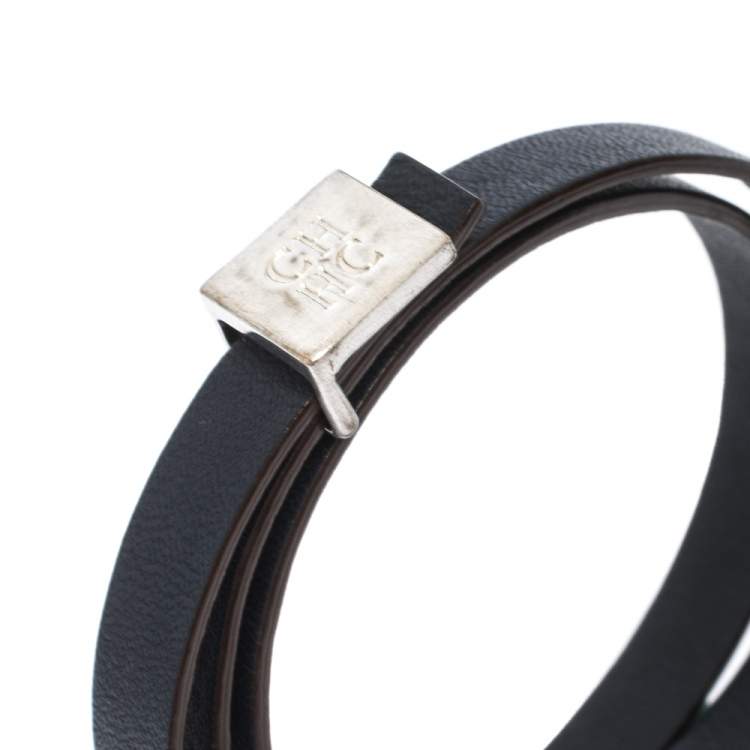 Pre Owned CH Carolina Herrera Navy Blue Leather Wrap Bracelet