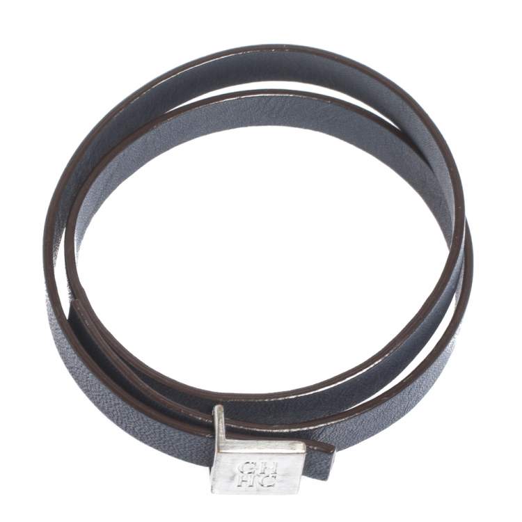 Pre Owned CH Carolina Herrera Navy Blue Leather Wrap Bracelet