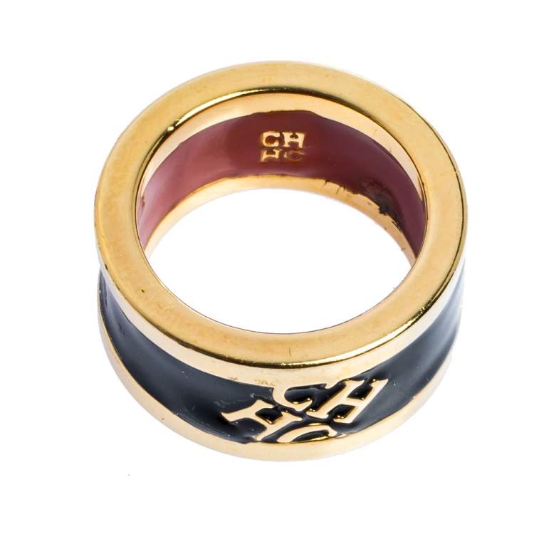 Pre Owned CH Carolina Herrera Black Enamel Gold Tone Band Ring EU 55