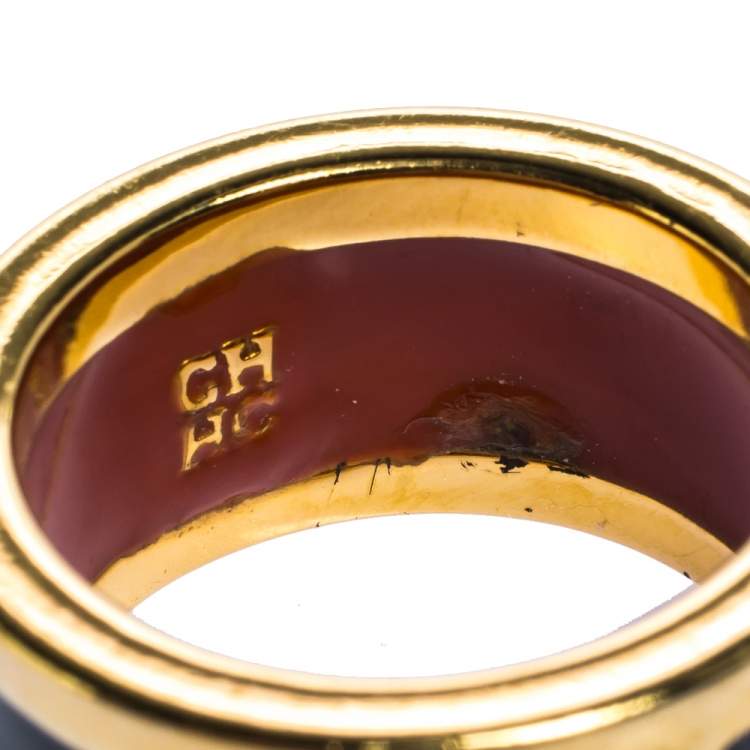 Pre Owned CH Carolina Herrera Black Enamel Gold Tone Band Ring EU 55