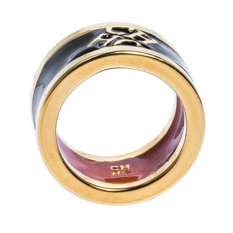 Pre Owned CH Carolina Herrera Black Enamel Gold Tone Band Ring EU 55