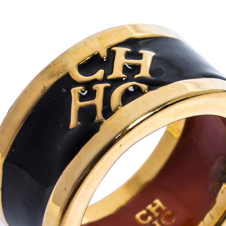 Pre Owned CH Carolina Herrera Black Enamel Gold Tone Band Ring EU 55