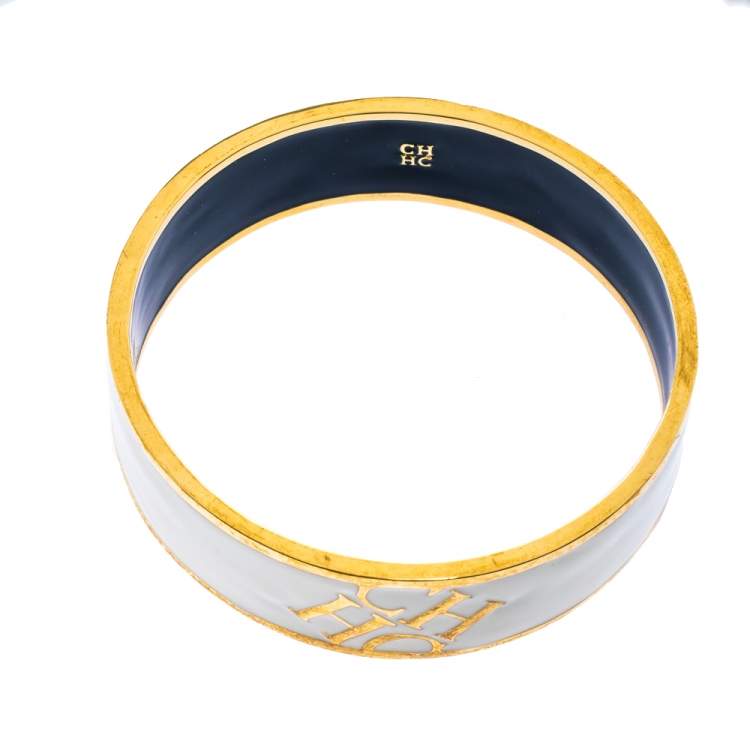 Pre Owned Carolina Herrera CH Logo White Enamel Bangle Bracelet