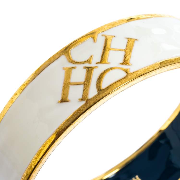 Pre Owned Carolina Herrera CH Logo White Enamel Bangle Bracelet