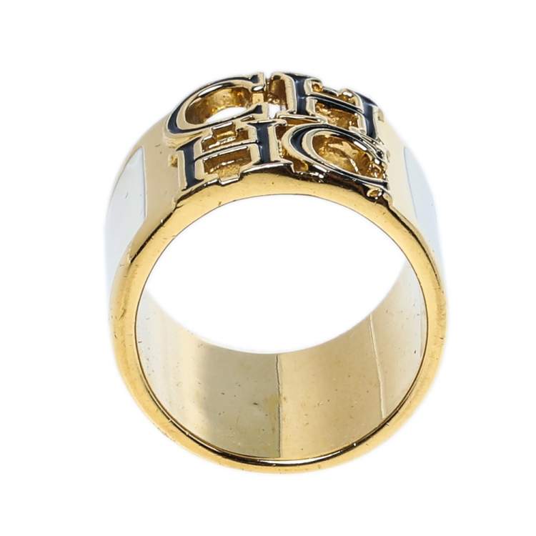 Pre Owned CH Carolina Herrera Logo White Enamel Gold Tone Wide Band Ring