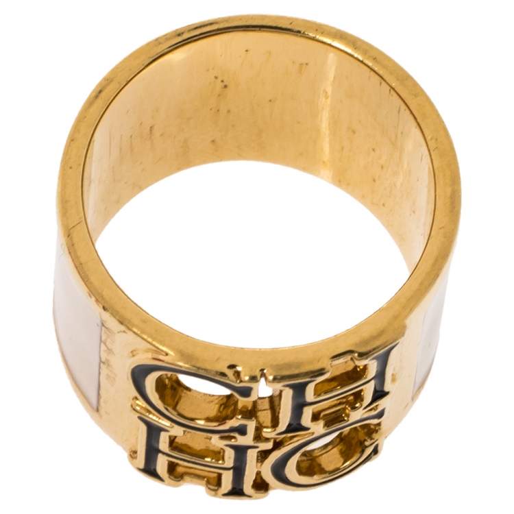 Pre Owned CH Carolina Herrera Cream Enamel Wide Band Ring Size EU 56