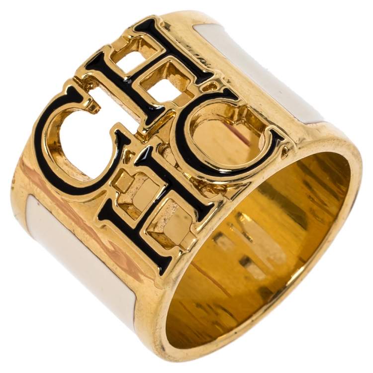 Pre Owned CH Carolina Herrera Cream Enamel Wide Band Ring Size EU 56