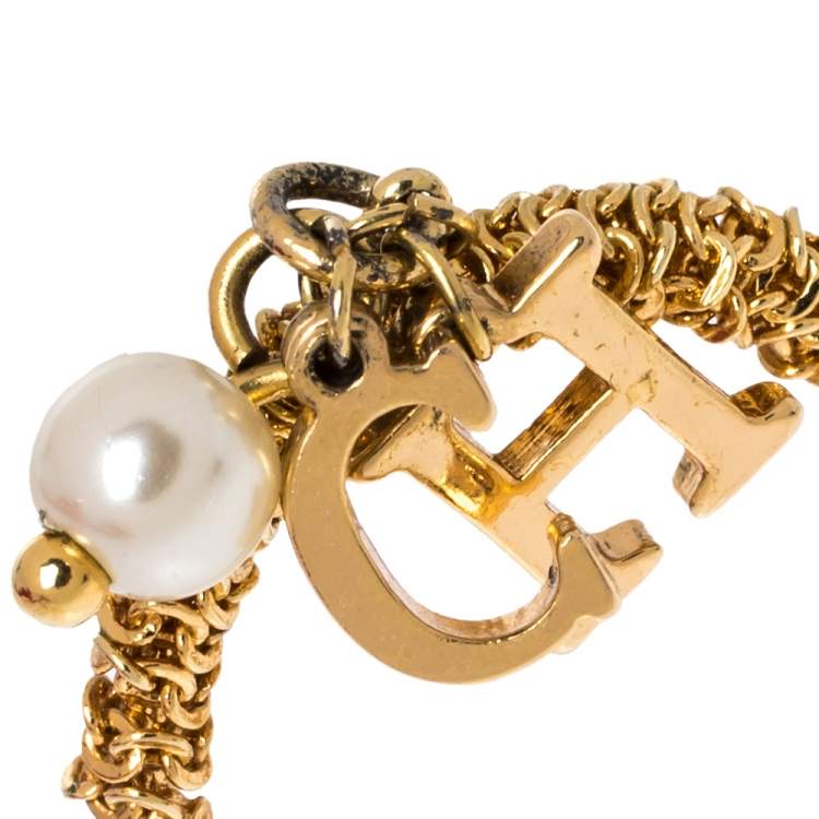 Pre Owned CH Carolina Herrera Gold Tone Logo Charms Ring Size EU 50.5