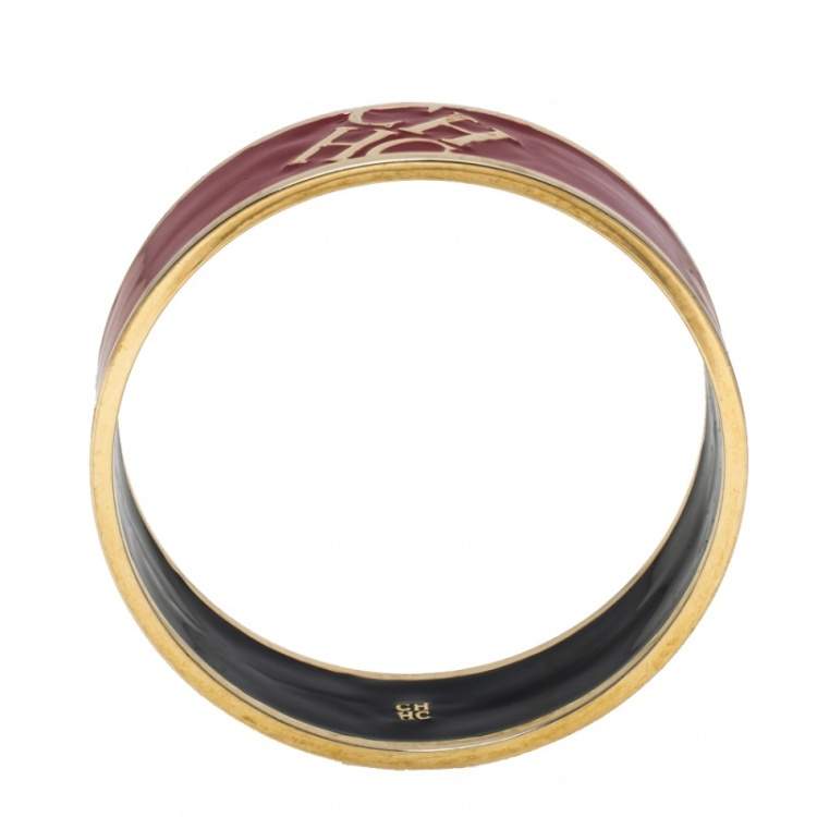 Pre Owned CH Carolina Herrera Red Enamel Gold Tone Wide Bangle Bracelet