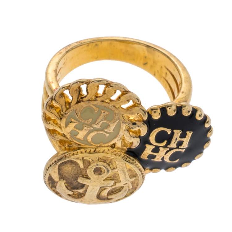 Pre Owned CH Carolina Herrera Enamel Gold Tone Ring Size 54.5