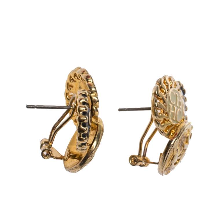 Pre Owned   CH Carolina Herrera Gold Tone Enamel Logo Stud Earrings