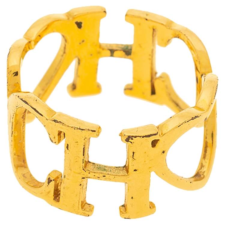 Pre Owned CH Carolina Herrera Logo Heart Gold Tone Band Ring