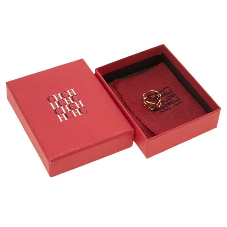 Pre Owned CH Carolina Herrera Logo Heart Gold Tone Band Ring