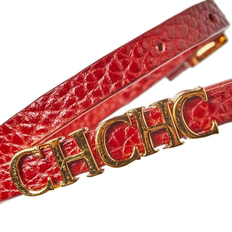 Pre Owned Carolina Herrera CH Logo Gold Tone Red Leather Double Wrap Bracelet