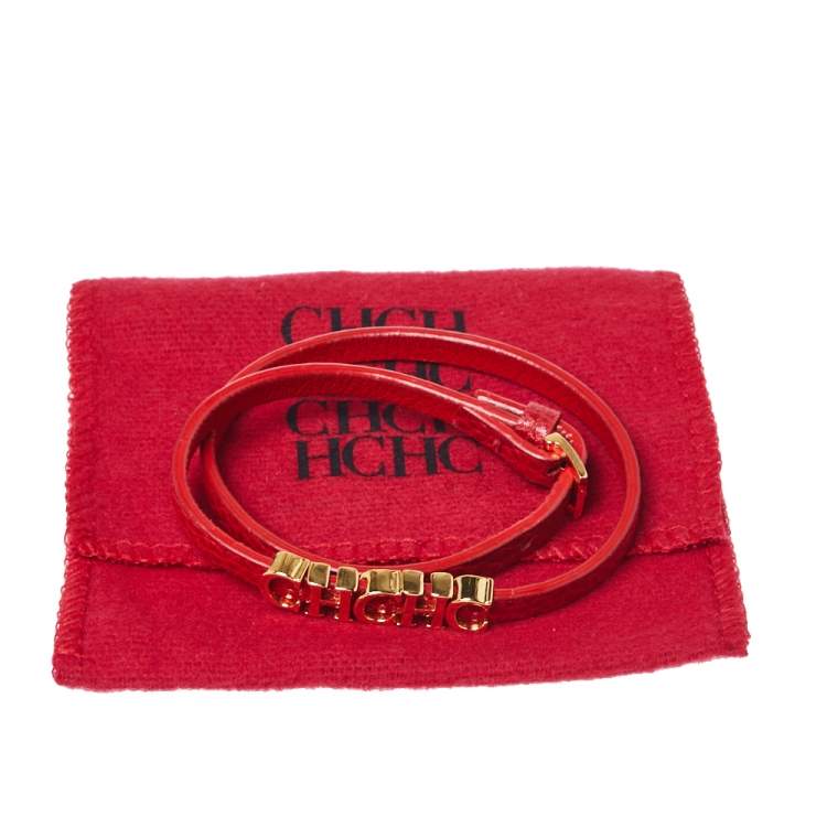 Pre Owned Carolina Herrera CH Logo Gold Tone Red Leather Double Wrap Bracelet