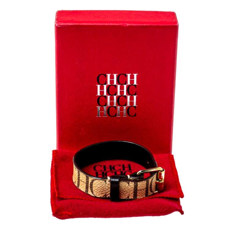 Pre Owned CH Carolina Herrera Beige Monogram Print Leather Bracelet
