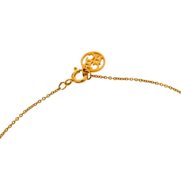 Pre Owned CH Carolina Herrera Crystal Logo Pendant Gold Tone Necklace