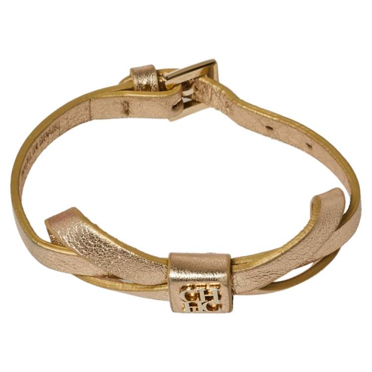 Pre Owned CH Carolina Herrera Gold/Ecru Leather Ribbon Bracelet