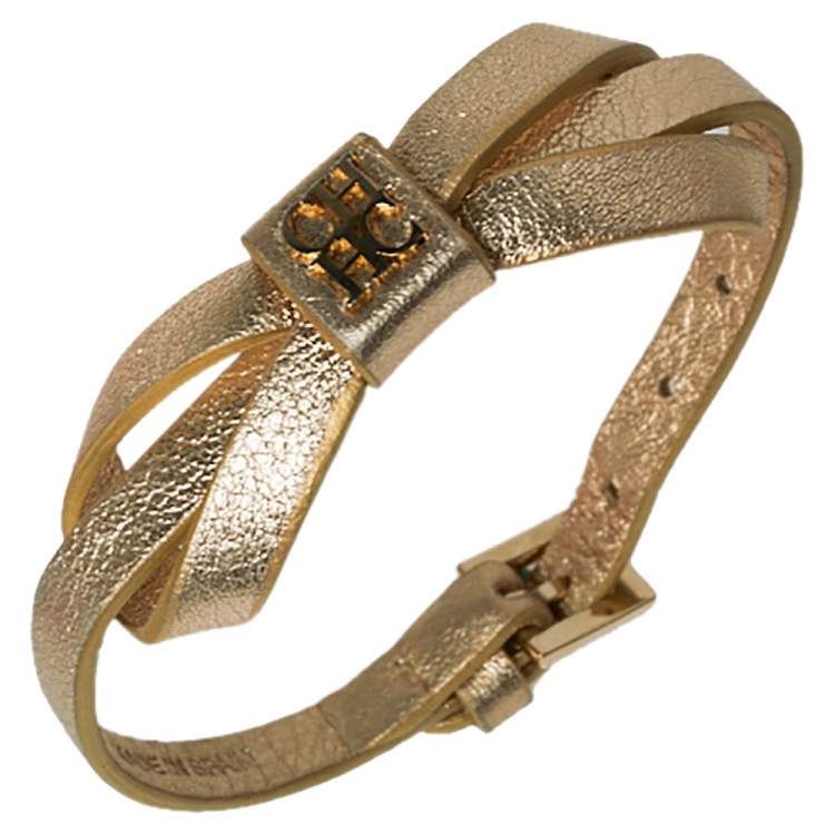 Pre Owned CH Carolina Herrera Gold/Ecru Leather Ribbon Bracelet
