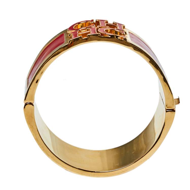 Pre Owned CH Carolina Herrera Red Enamel Logo Gold Tone Clasp Bracelet