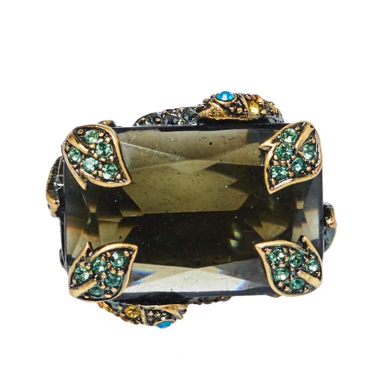 Pre Owned CH Carolina Herrera Gold Tone Crystal Toucan Statement Ring Size EU 55