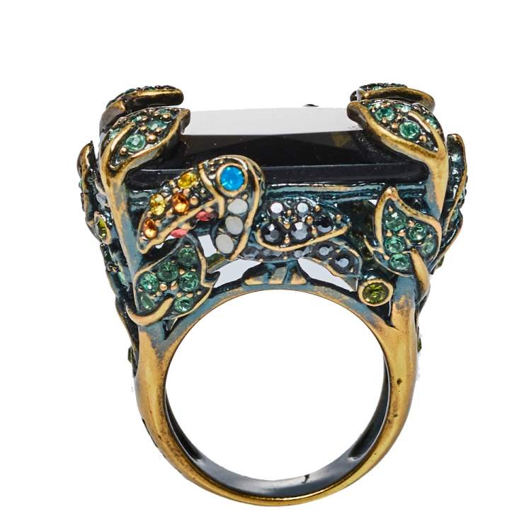 Pre Owned CH Carolina Herrera Gold Tone Crystal Toucan Statement Ring Size EU 55
