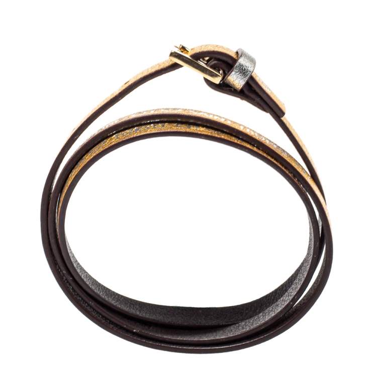 Pre Owned CH Carolina Herrera Gold Printed Leather Triple Wrap Bracelet