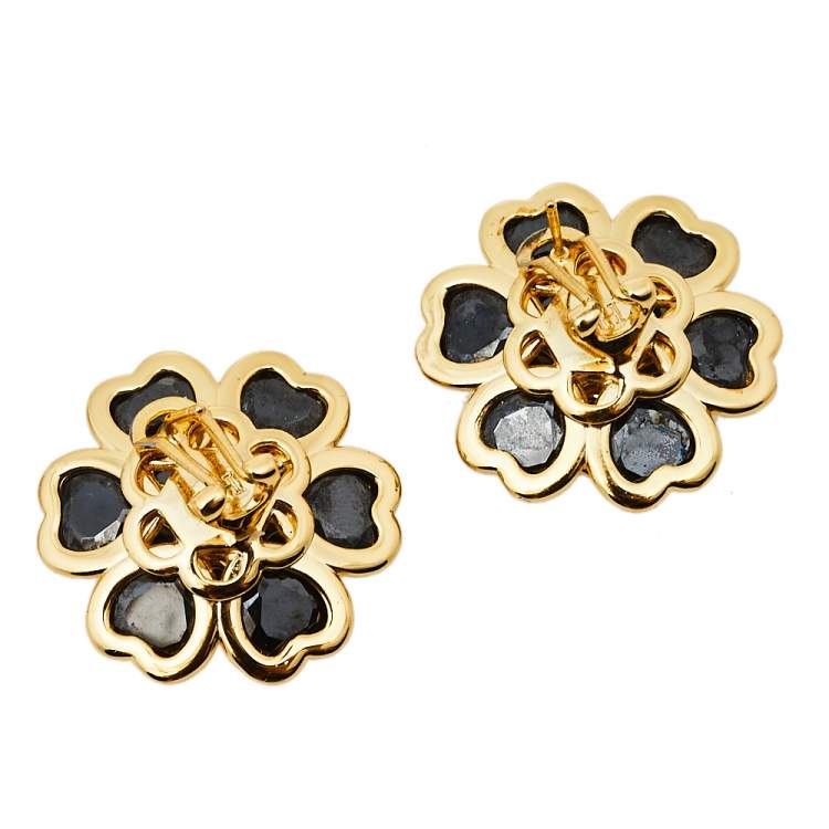 Pre Owned CH Carolina Herrera Black Crystal Floral Stud Earrings