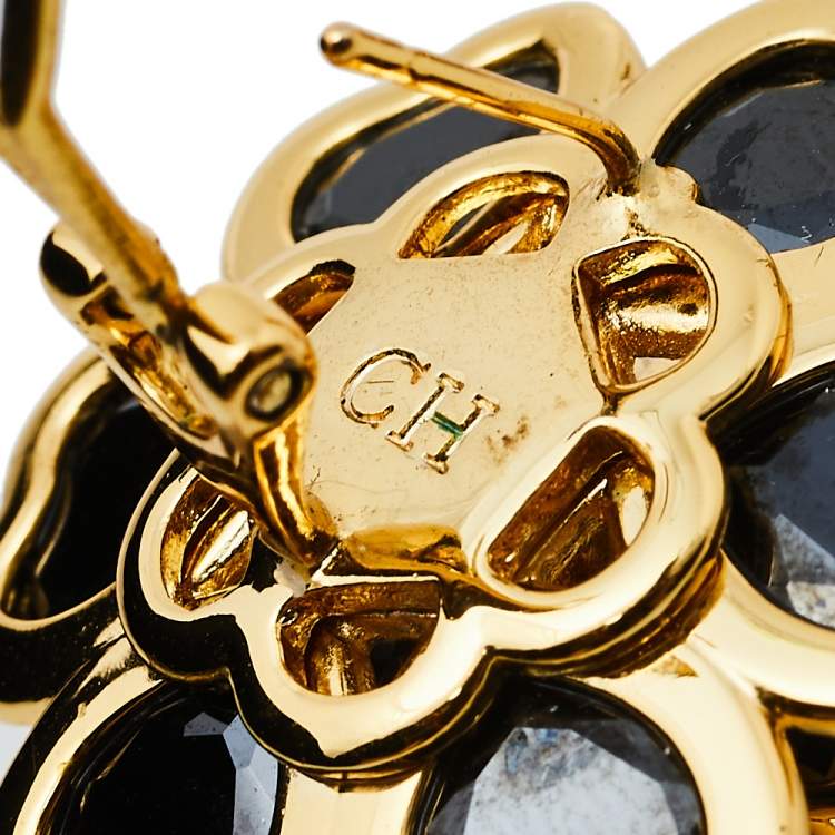 Pre Owned CH Carolina Herrera Black Crystal Floral Stud Earrings