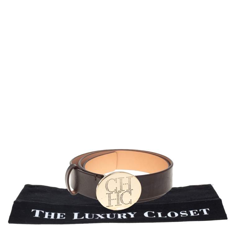 Pre Owned Carolina Herrera Dark Brown Leather Round Logo Buckle Belt 80CM