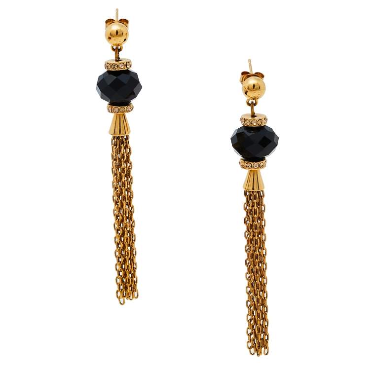 Pre Owned Carolina Herrera Black Beaded Crystal Chain Tassel Earrings