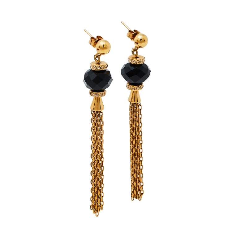 Pre Owned Carolina Herrera Black Beaded Crystal Chain Tassel Earrings