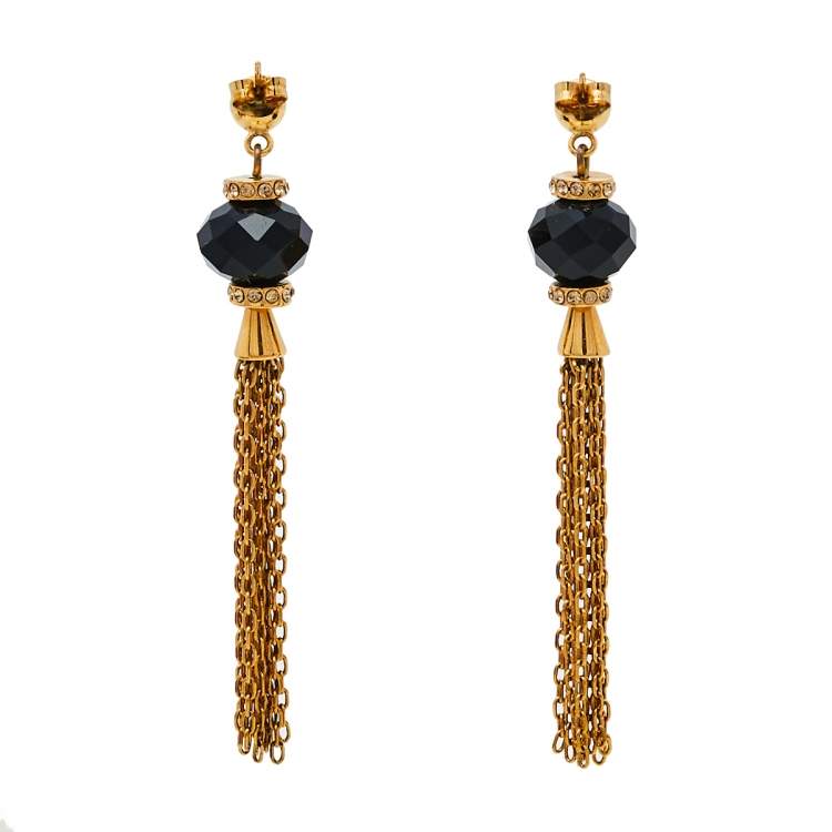 Pre Owned Carolina Herrera Black Beaded Crystal Chain Tassel Earrings