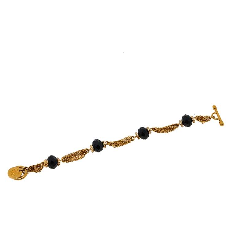 Pre Owned Carolina Herrera Gold Tone Multi Strand Black Beaded Toggle Bracelet