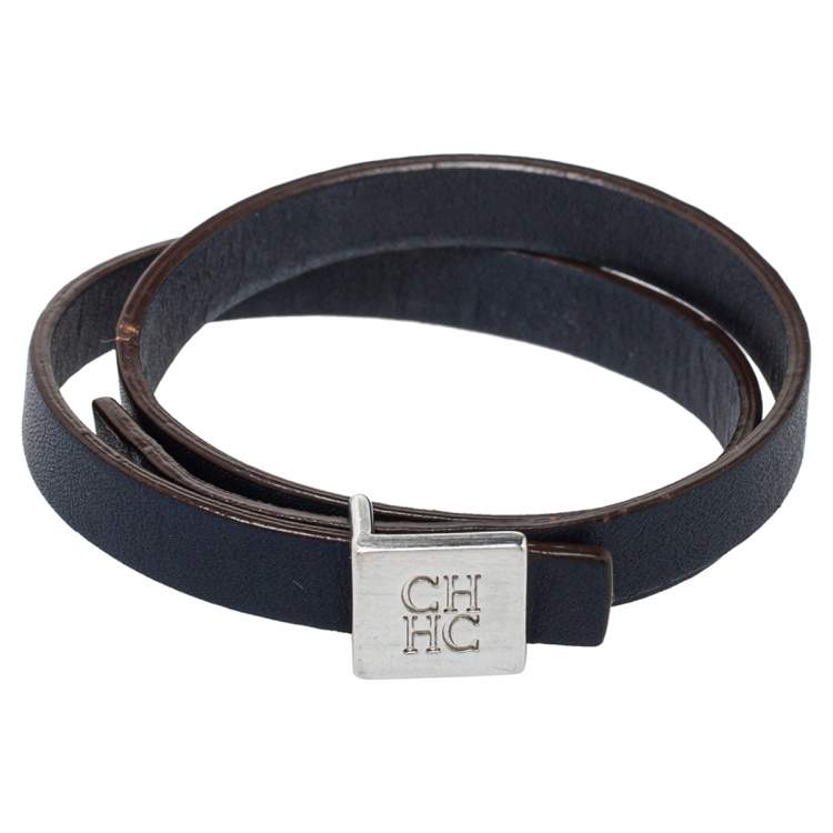 Pre Owned Carolina Herrera Blue Leather Let it Glow Double Loop Bracelet