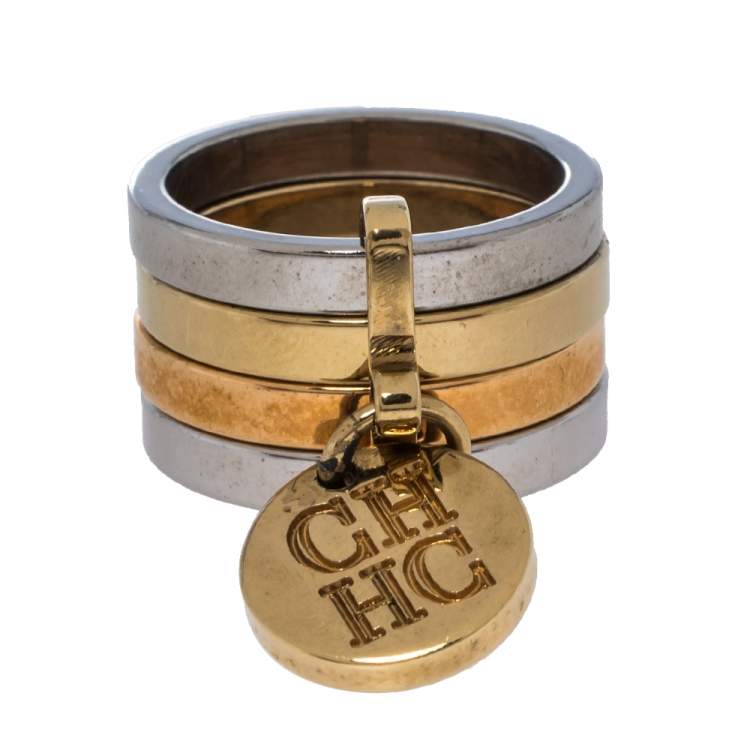 Pre Owned CH Carolina Herrera Three Tone Metal Bands Charm Ring Size EU 50.5